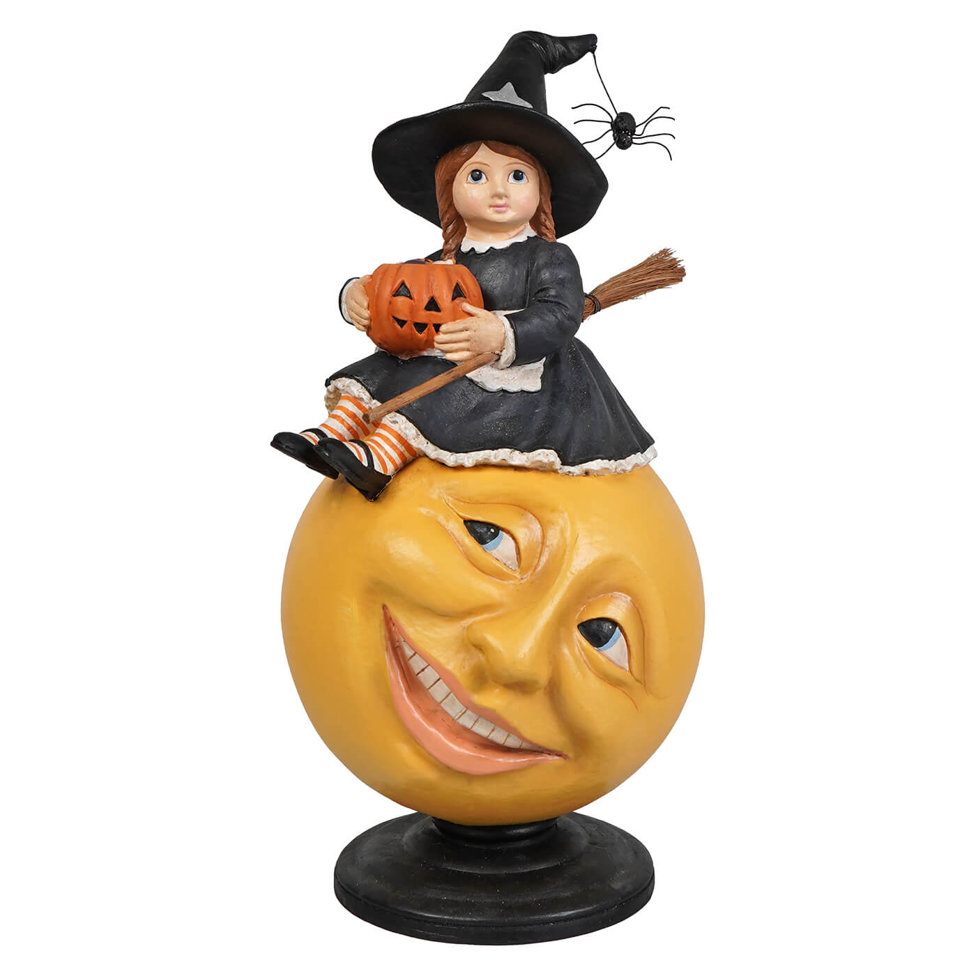 Hattie witch on moon halloween witch decor figurine with black dress lace trim riding smiling yellow moon holding pumpkin