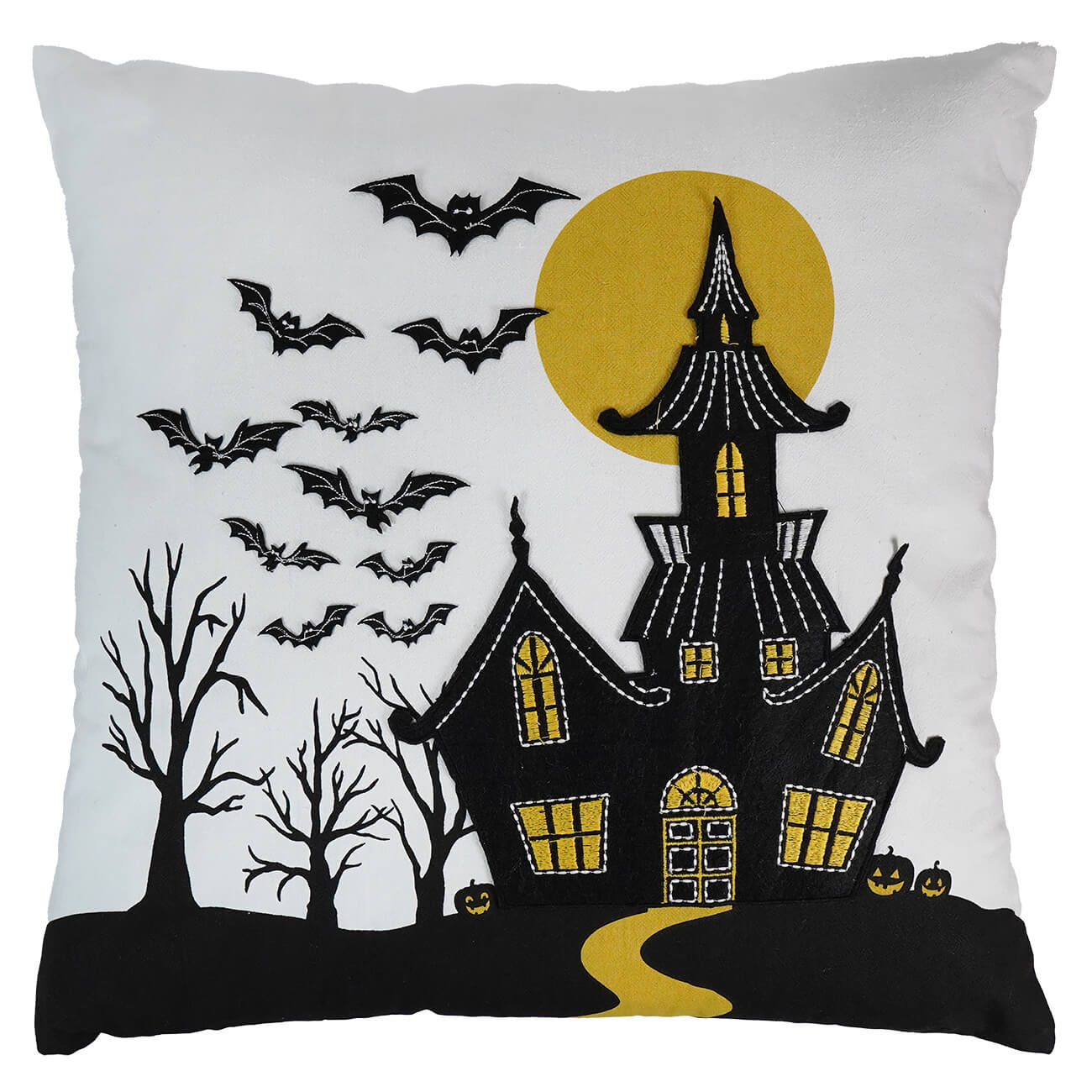 Halloween-themed decorative throw pillow featuring a haunted house silhouette and flying bats against a full moon.