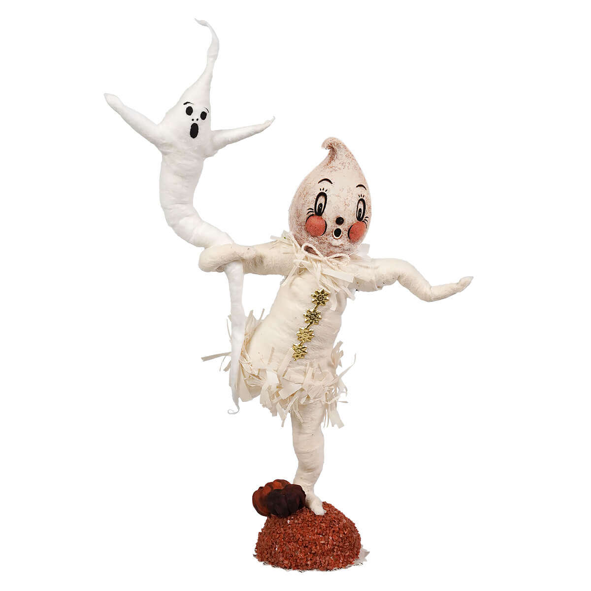 A whimsical white spun cotton halloween ghost with rosy cheeks and star outfit on orange base by johanna parker figural decor