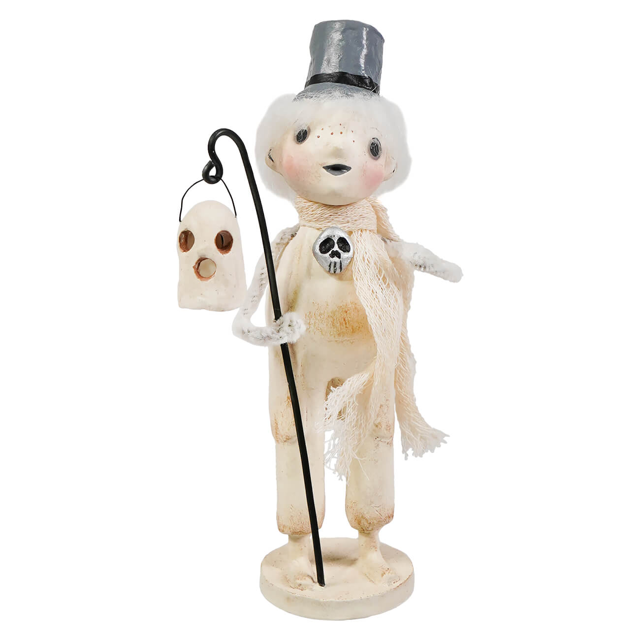 A whimsical cream-colored paper-mâché haunting henry ghost figure with silver top hat and lantern for halloween ghost figures decor