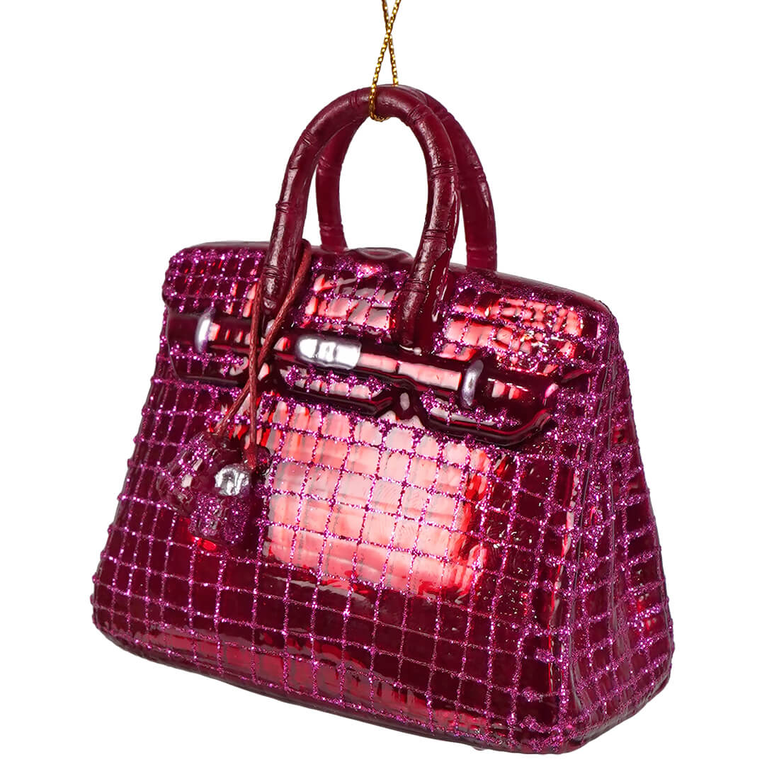 Shiny magenta glittery haute handbag glass ornament with silver hardware and gold chain luxury handbag ornament