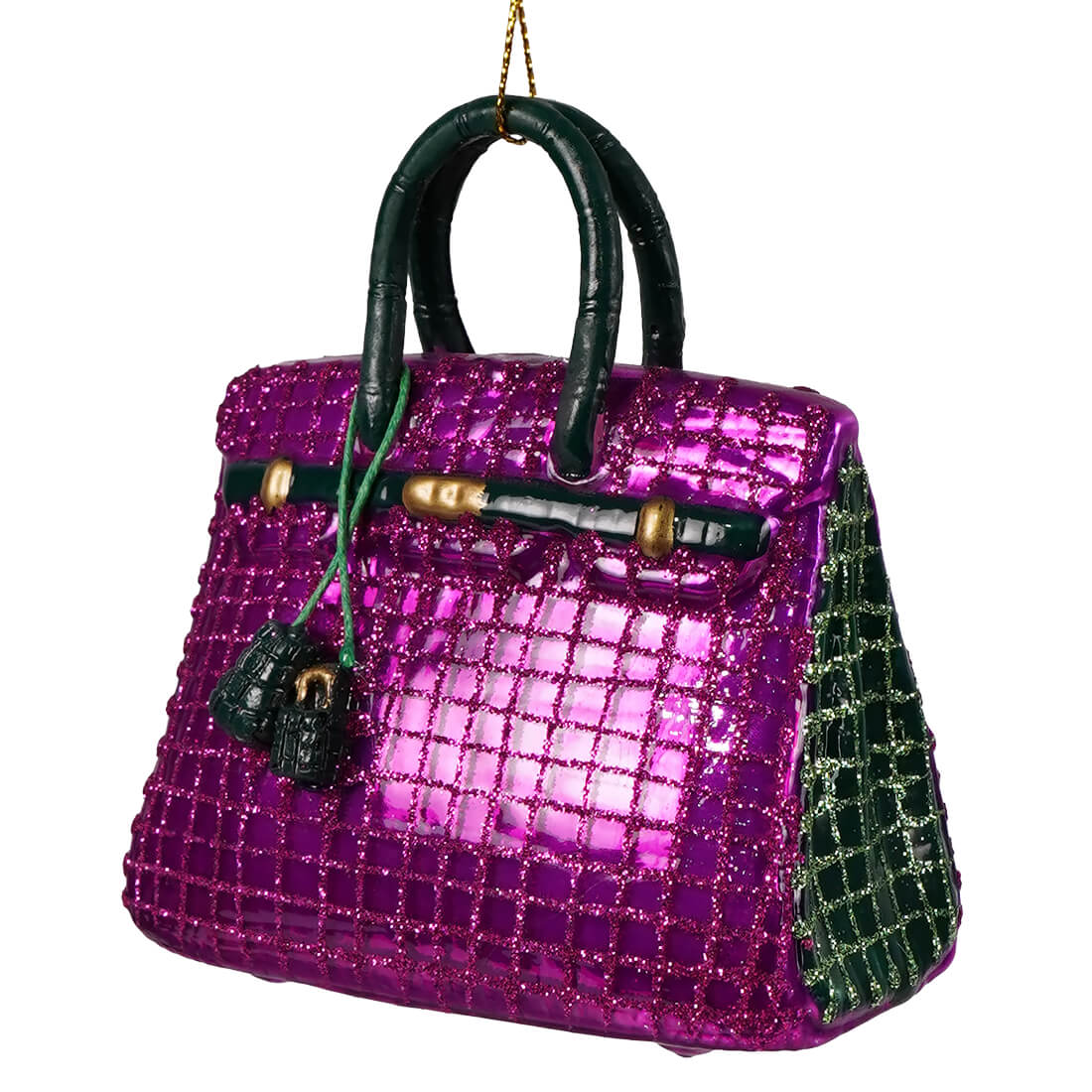 Haute handbag glass ornament is a vibrant purple glittery luxury handbag ornament with black handles and green side panel