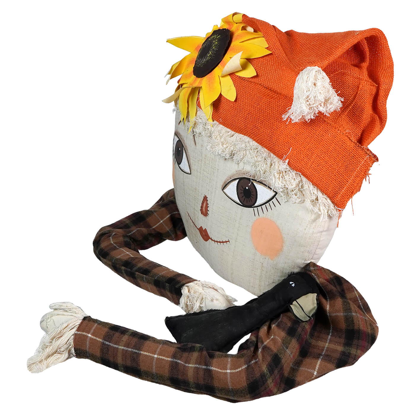 Whimsical stuffed doll with an orange hat, plaid shirt, and embroidered face.