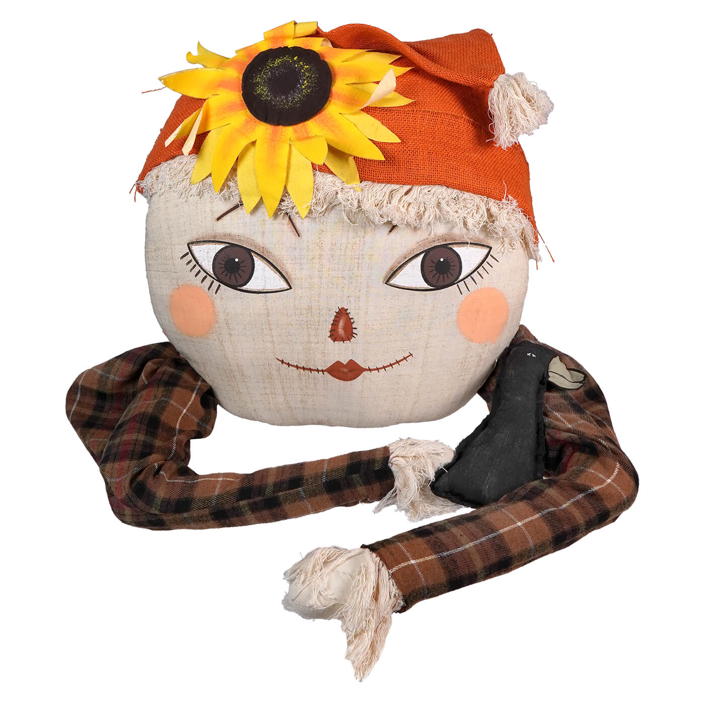 Decorative fabric doll head with an orange hat adorned with a sunflower.