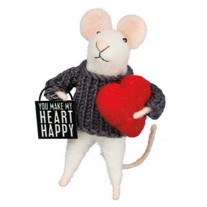 White felt mouse wearing a gray sweater holding a red heart and ’You Make My Heart Happy’ sign.