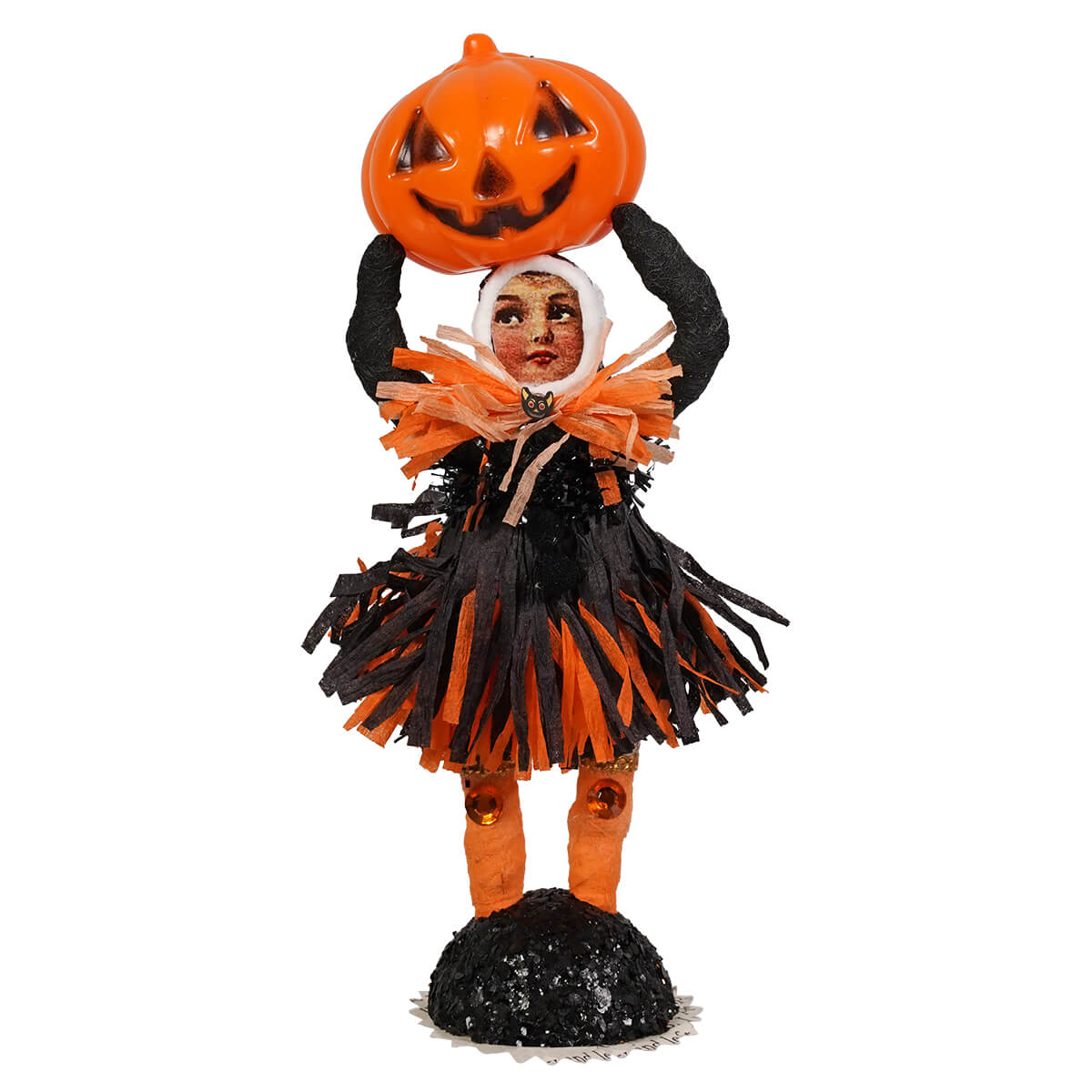 Heavy jack o lantern figure handcrafted folk art paper mache with orange and black fringed costume and smiling pumpkin head
