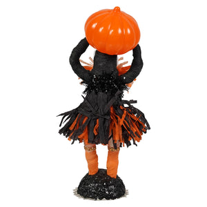 Heavy jack o lantern figure handcrafted paper mache witch in black and orange fringed dress holding scared pumpkin figure