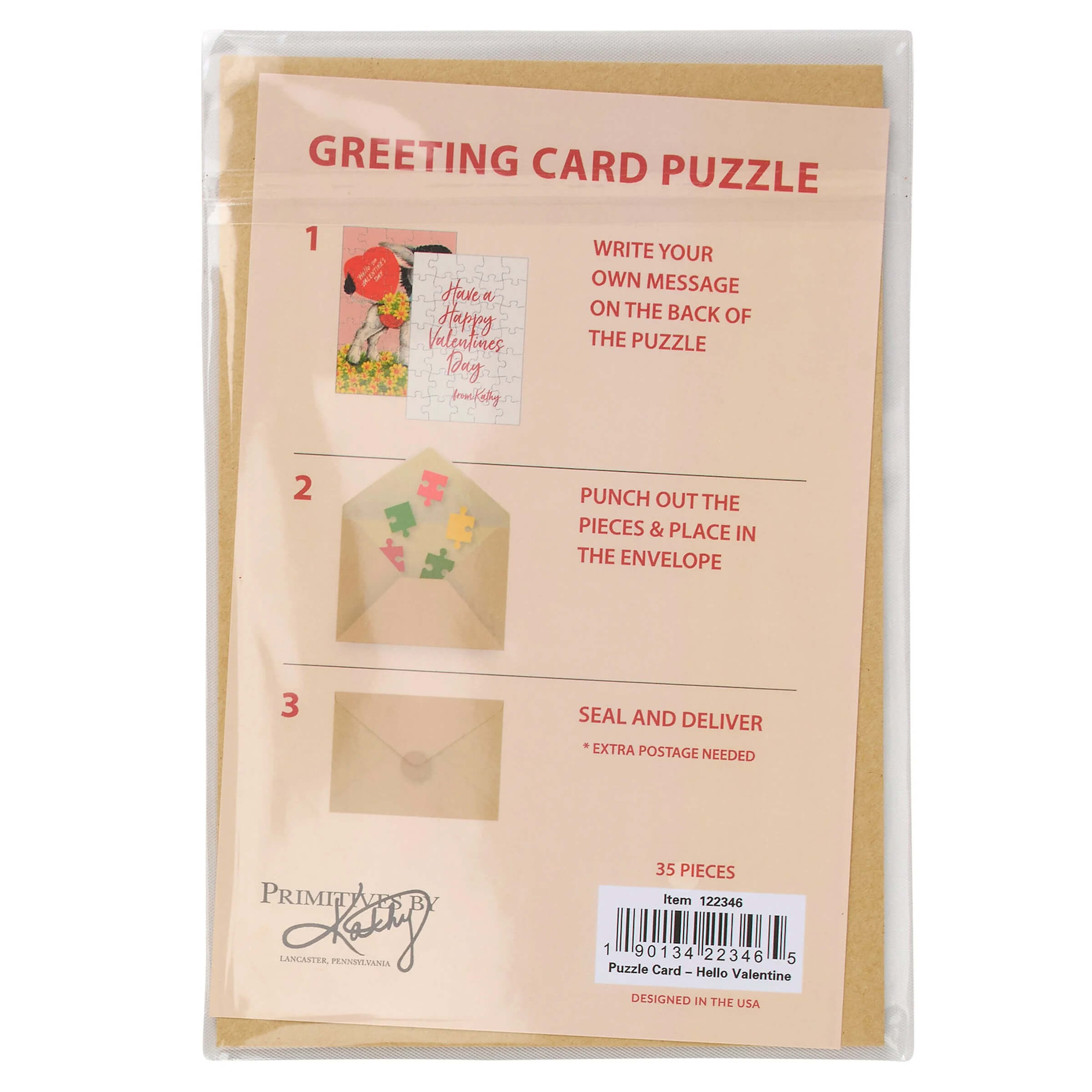 Hello on valentine’s day puzzle card with colorful holiday jigsaw puzzles and pinkish-beige backing in clear plastic packaging