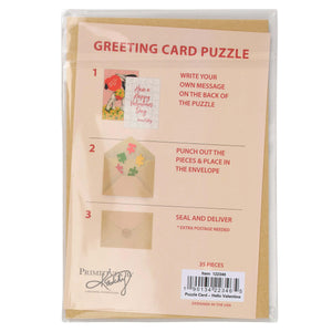 Hello on valentine’s day puzzle card with colorful holiday jigsaw puzzles and pinkish-beige backing in clear plastic packaging