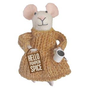 Hello pumpkin spice mouse critter plush white mouse critter ornament wearing tan knit sweater holding sign and mug