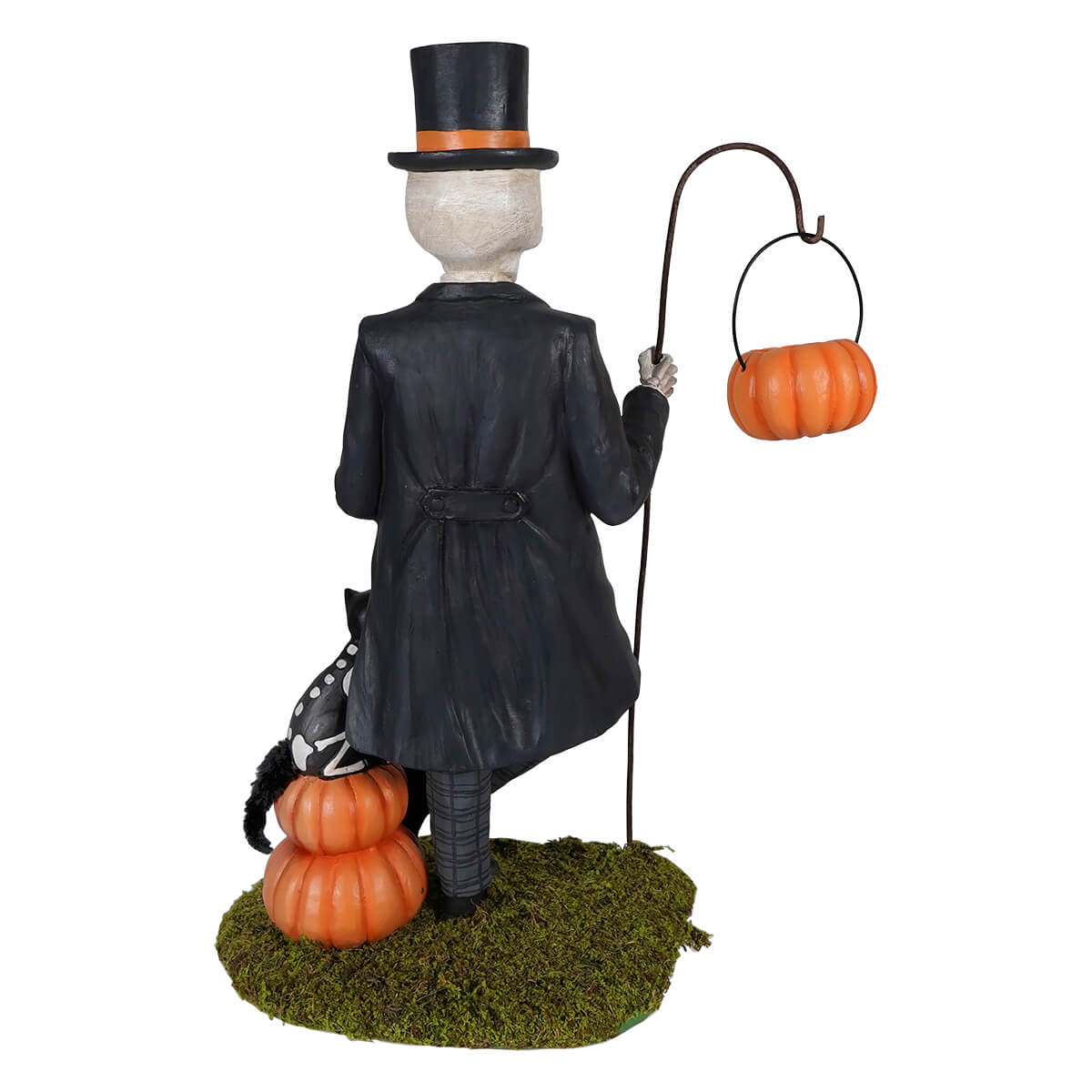 Henry deadison skeleton figure wearing a black top hat with orange band holding a pumpkin lantern on a curved pole