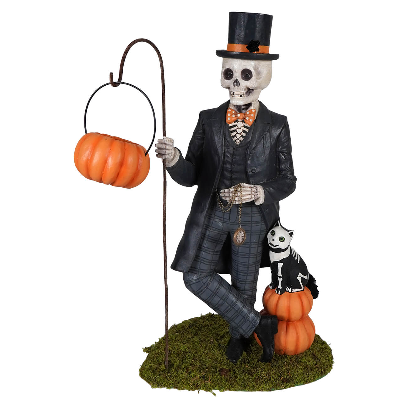 Elegant henry deadison skeleton figurine in black suit with orange bow tie holding ornate pumpkin lantern by stacked pumpkins
