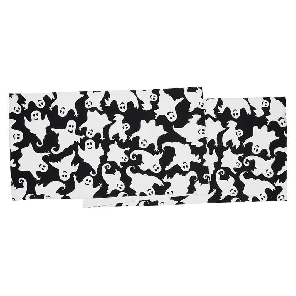 Black and white patterned fabric featuring cartoon ghost designs.