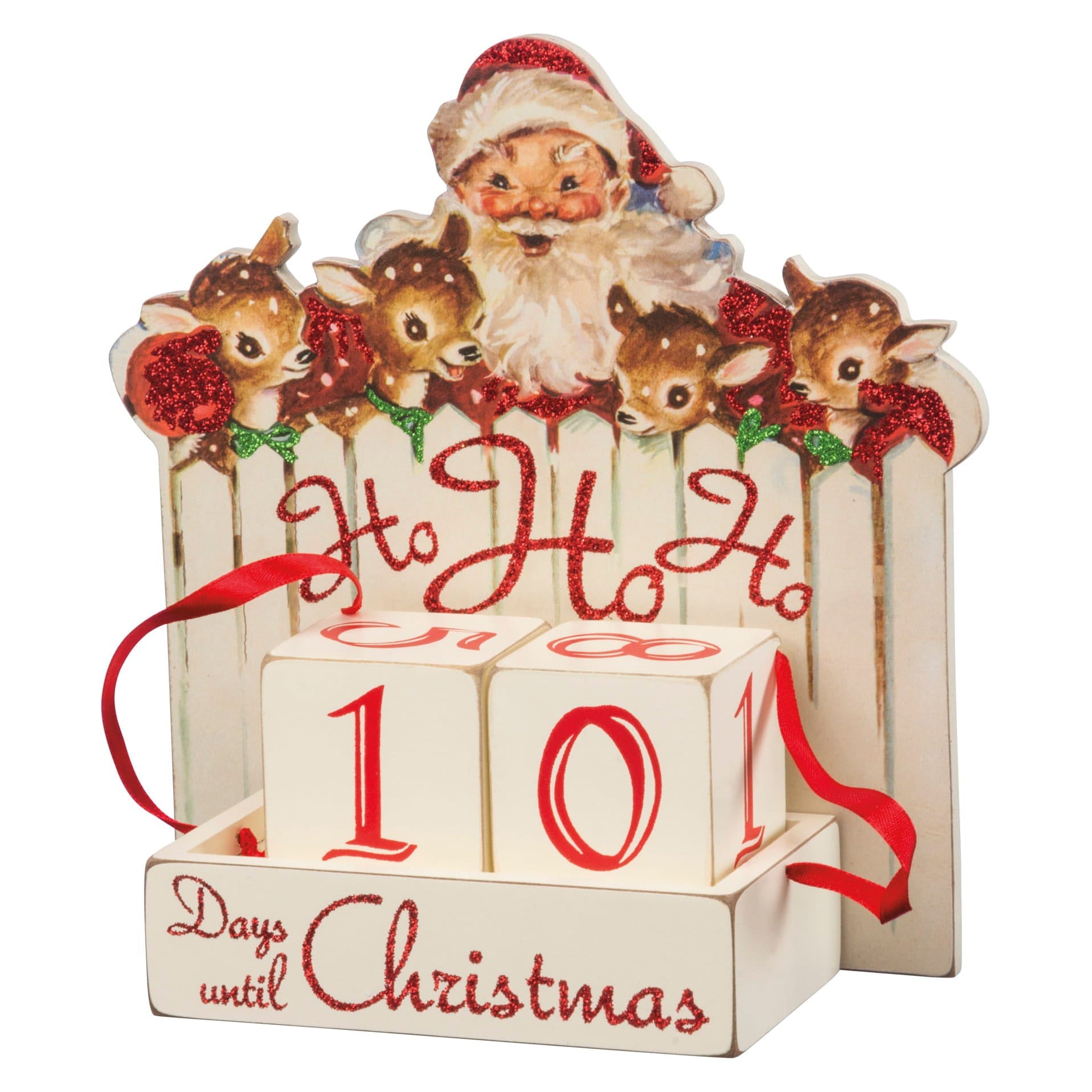 A festive white wooden block countdown with red glittery ho ho ho lettering and santa and deer design on top