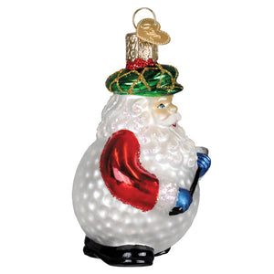 Glass santa ornament with white textured body, red heart sleigh, green hat with gold trim, and blue gloves perfect for christmas decor