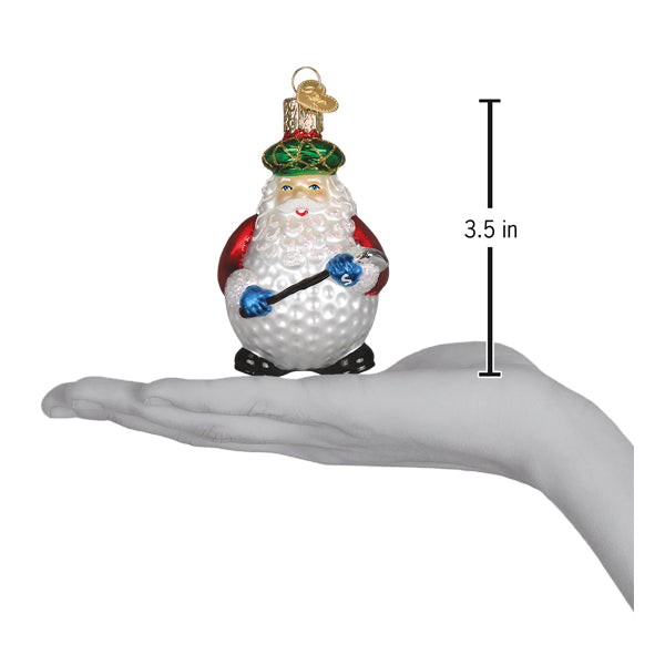 Glass santa ornament with textured white body red sleeves black boots and green hat holding blue tools for christmas decor