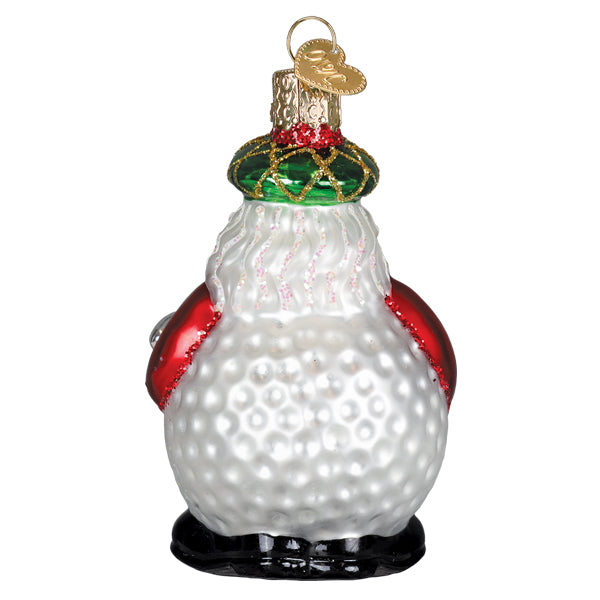 Ho ho hole-in-one christmas glass ornament shaped like glittery golf ball with red sleeves green hat and gold cap santa ornament