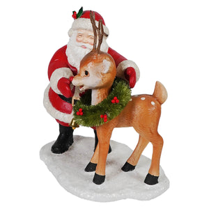 Ho ho santa with rudolph figurine in red and white holding brown reindeer with green wreath and red berries perfect santa figures folk art santas