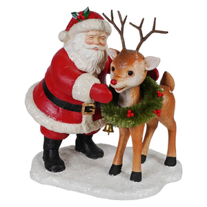 Ho ho santa with rudolph figurine features classic red santa figure and brown reindeer in folk art style perfect for holiday decor