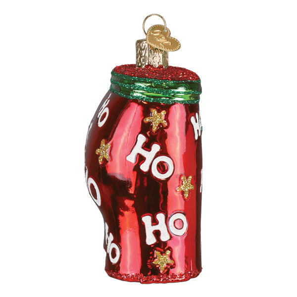 Red glass holiday boxer shorts ornament shaped like candy cane with ho ho lettering and gold stars perfect couples ornament