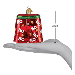 Red glass holiday boxer shorts ornament with ho ho gold stars green waistband and small golden clasp, perfect couples ornament