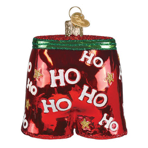 Red shiny holiday boxer shorts ornament with ho ho ho and gold stars perfect couples ornament or hoodie ornament