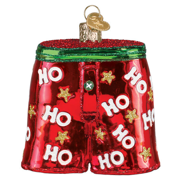 Red shiny glass holiday boxer shorts ornament with ho ho text and gold stars perfect couples ornament gift