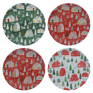 Set of four round christmas chalet paper melamine coasters with festive houses trees and animals by sea studios design