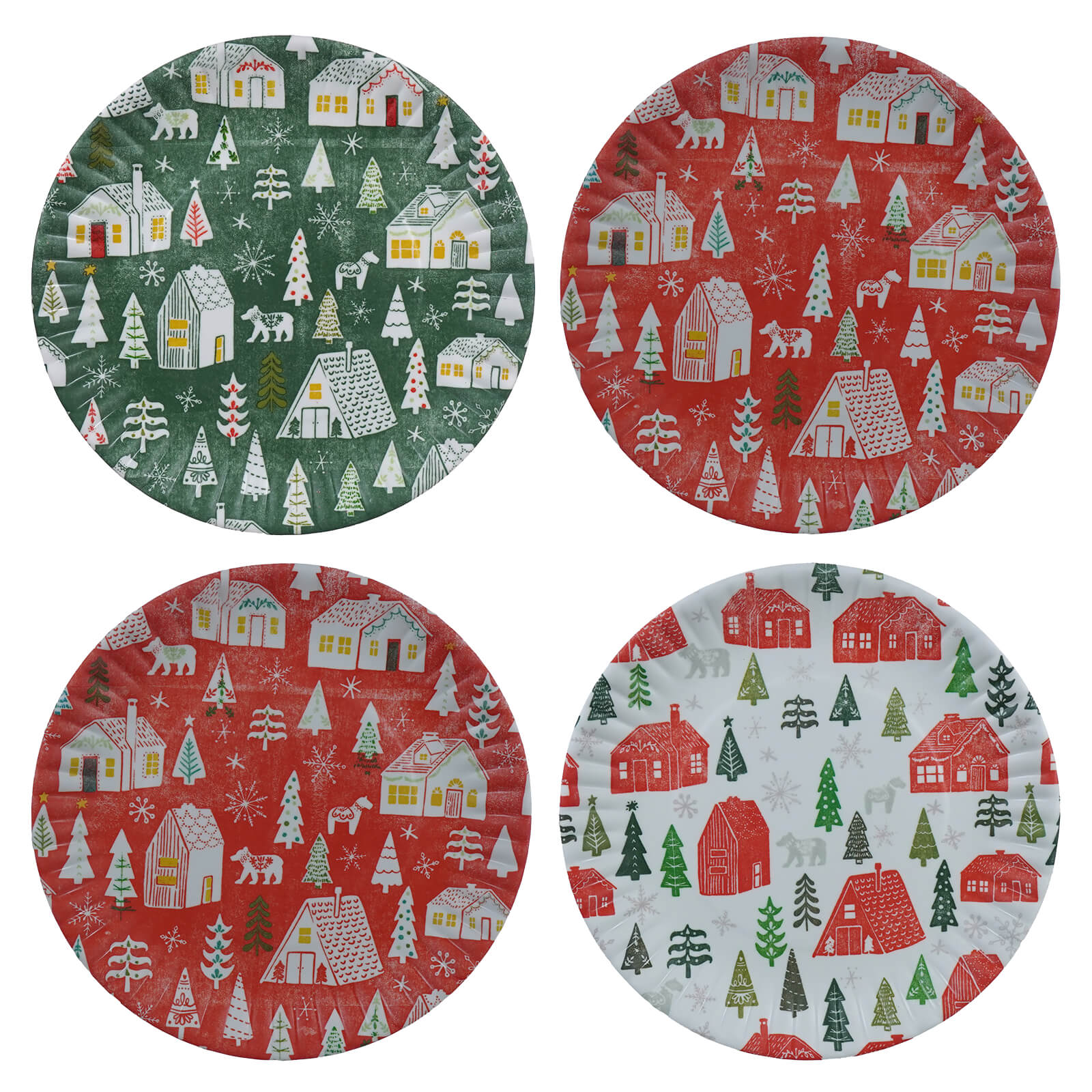 Set of four round christmas chalet paper melamine coasters with festive houses trees and animals by sea studios design