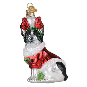 Holiday french bulldog ornament featuring a black and white boston terrier dog glass ornament for christmas decor