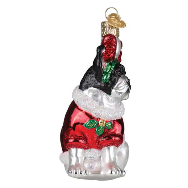 A festive glass french bulldog ornament in black silver with red santa outfit green holly and gold heart cap