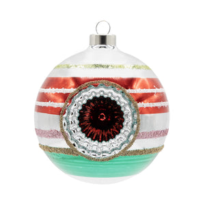 Holiday reflector round ornament with red white mint stripes gold glitter and silver lace medallion space ornament