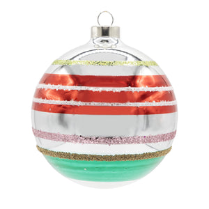 A festive holiday reflector round ornament with sparkling saturn round ornament style red silver and glittery green stripes