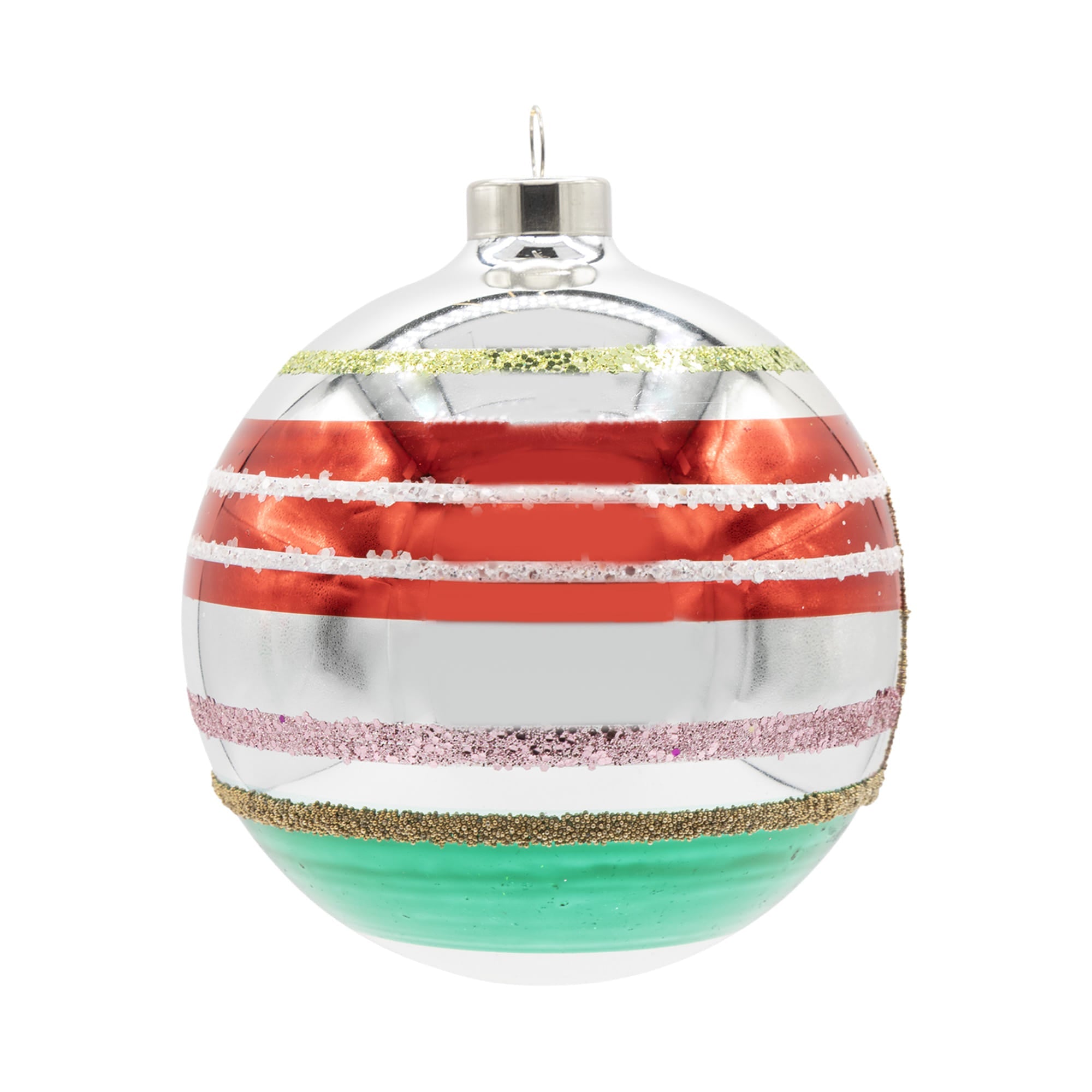 A festive holiday reflector round ornament with red green silver stripes and glitter accents perfect as a sparkling saturn round ornament