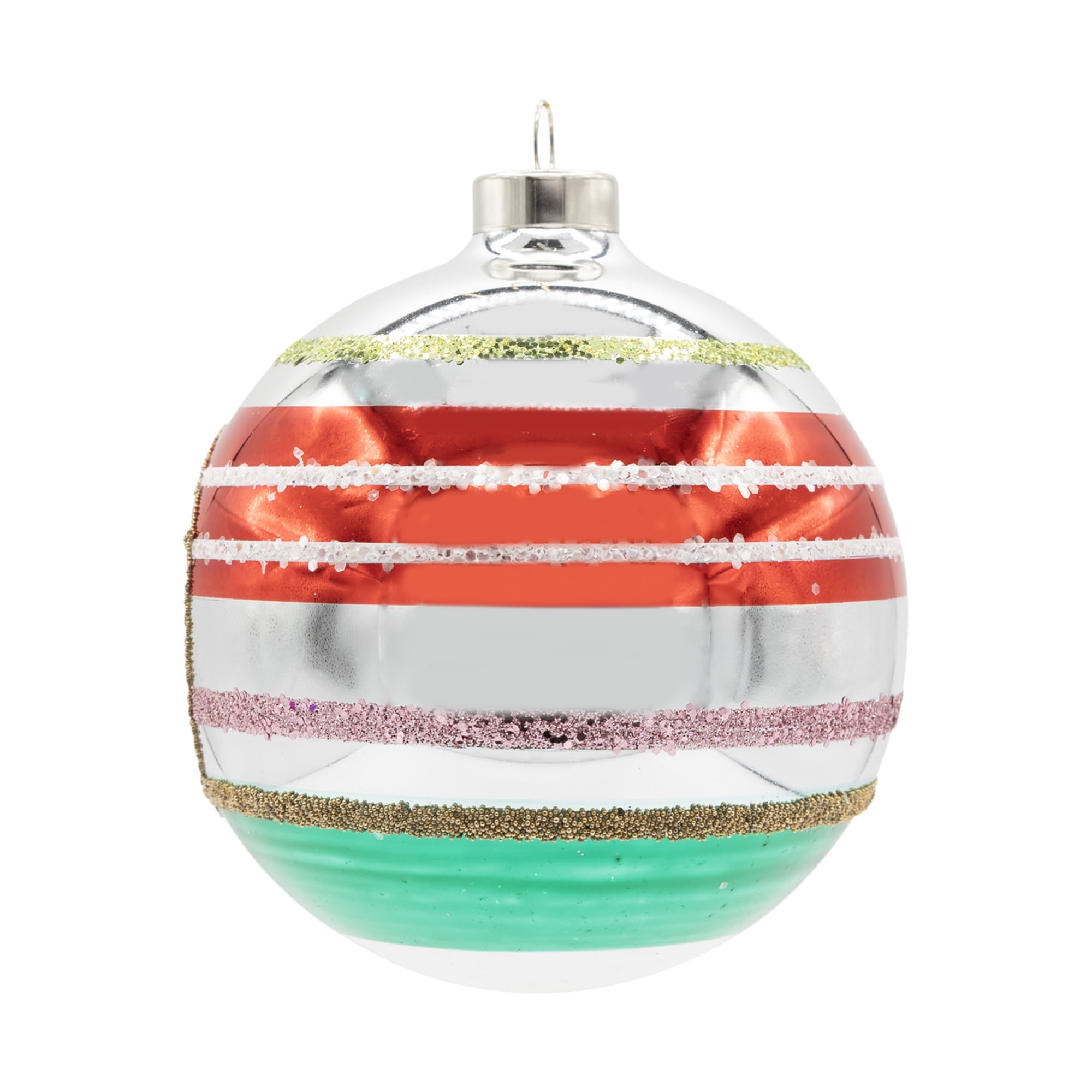 A festive holiday reflector round ornament with red silver and teal stripes and gold pink green glitter accents perfect as a space ornament