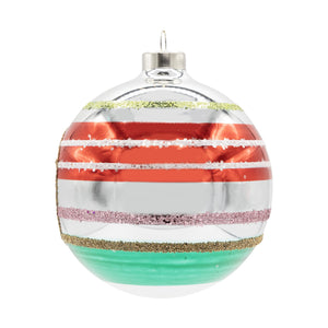 A festive holiday reflector round ornament with red silver and teal stripes and gold pink green glitter accents perfect as a space ornament