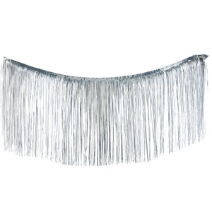 Silver tinsel icicles banner with 1000 strands of shimmering silver metallic fringe and evenly spaced tassels