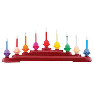 A vibrant red plastic holiday splendor bubble light candolier with ten colorful shiny brite halloween candle holders