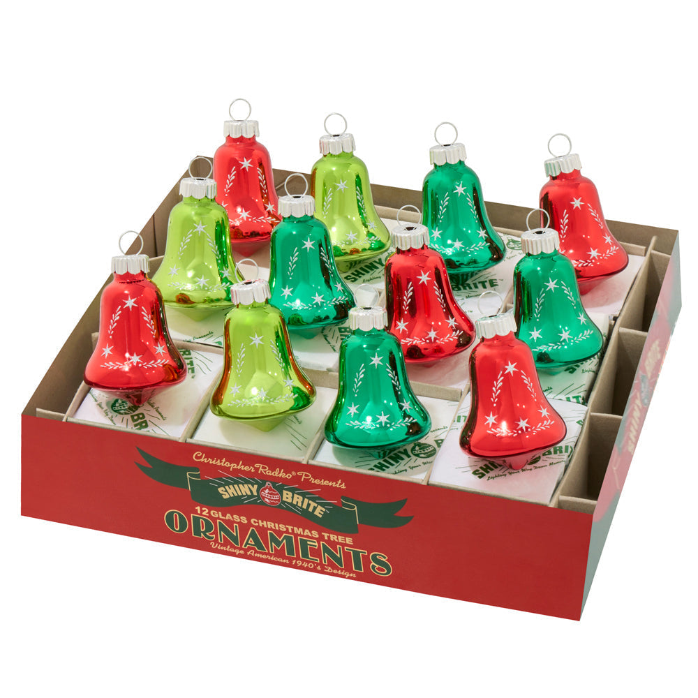 Holiday splendor bells set 12 vivid vintage decorated shape ornaments in red and green glass with white star patterns
