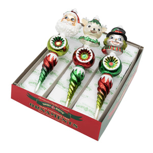 Set of three glass holiday splendor figure rounds with santa deer and snowman featuring twisted red and green stems