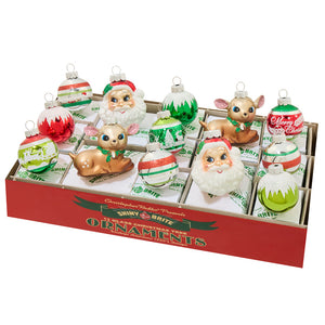 A set of 13 vivid vintage decorated shape ornaments in red green and white featuring santa deer and snowflakes