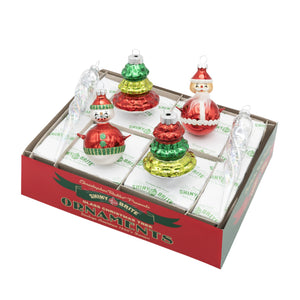 Set of 6 holiday splendor mixed vintage glass christmas tree and snowman ornaments in red green gold and clear colors