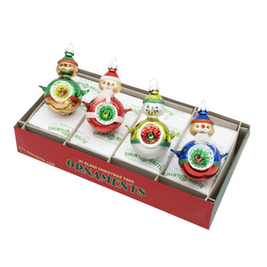 Set of four colorful glass tinsel tulip ornaments featuring vivid vintage striped snowman and elf designs