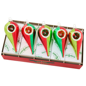 Set of five shiny brite glass reflector indent tulip ornaments in red and green with sparkling starburst design