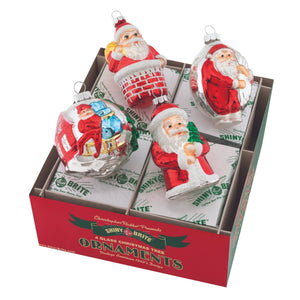 Set of four vintage-style glass holiday splendor santa figures with red white details and round reflector indent ornaments
