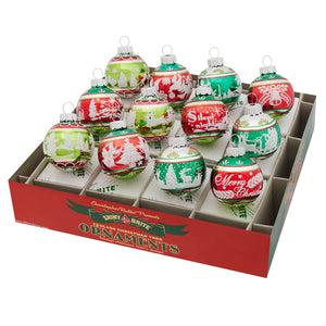 Holiday splendor signature flocked rounds set 12 vintage-style red and green glass round ornaments set festive fete decorated