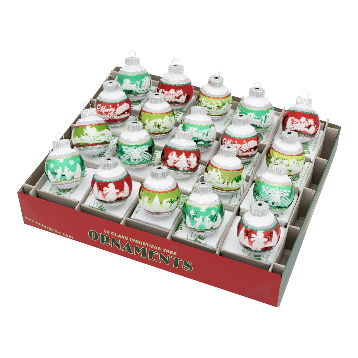 Holiday splendor signature flocked rounds set 20 glass christmas confetti shapes ornaments in red green and white by christopher radko