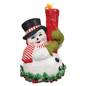 A cheerful holly berry snowman figurine by bethany lowe designs with glittery white body and red candle christmas snowman decor