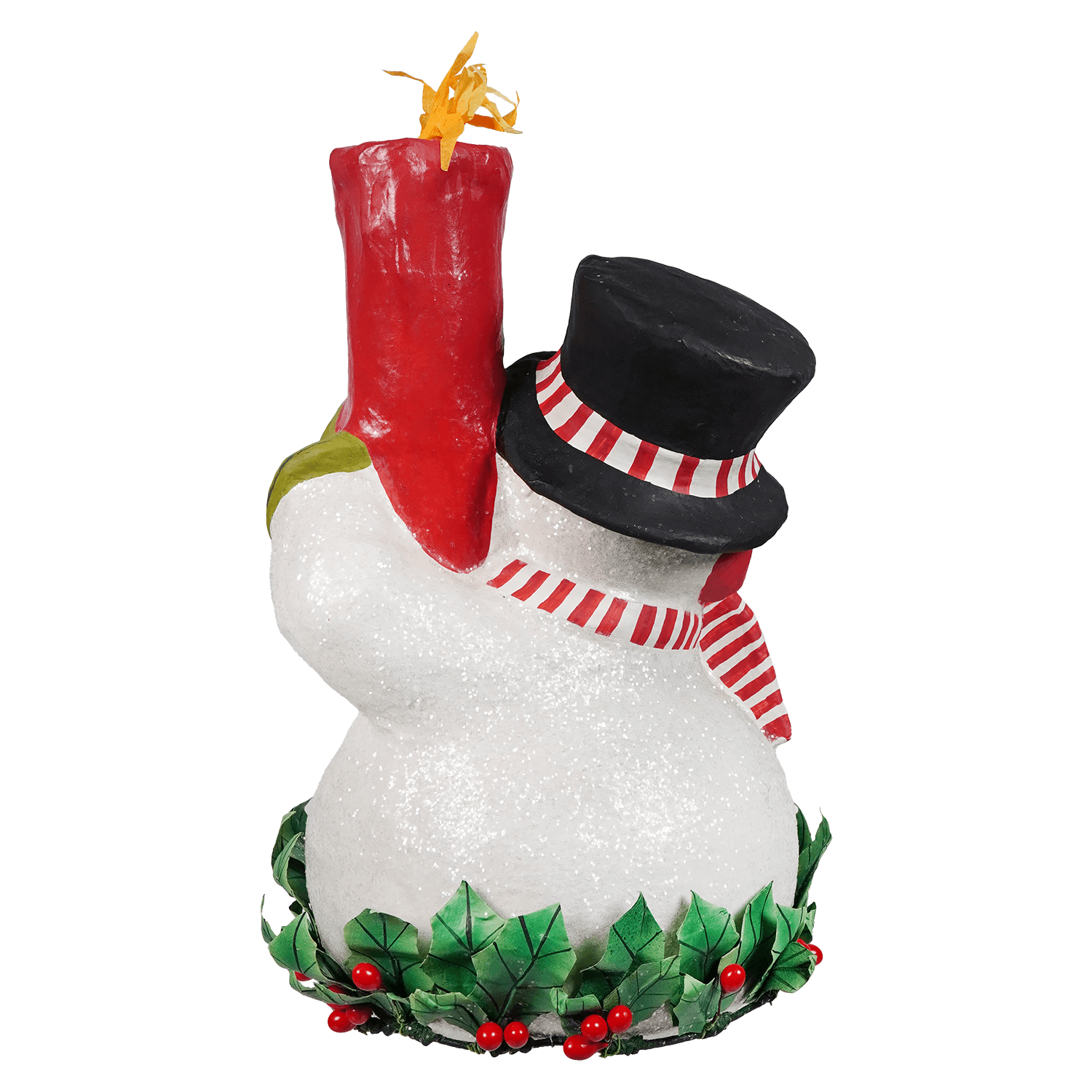 White glittery holly berry snowman figurine by bethany lowe designs holding a tall red candle christmas snowman decor