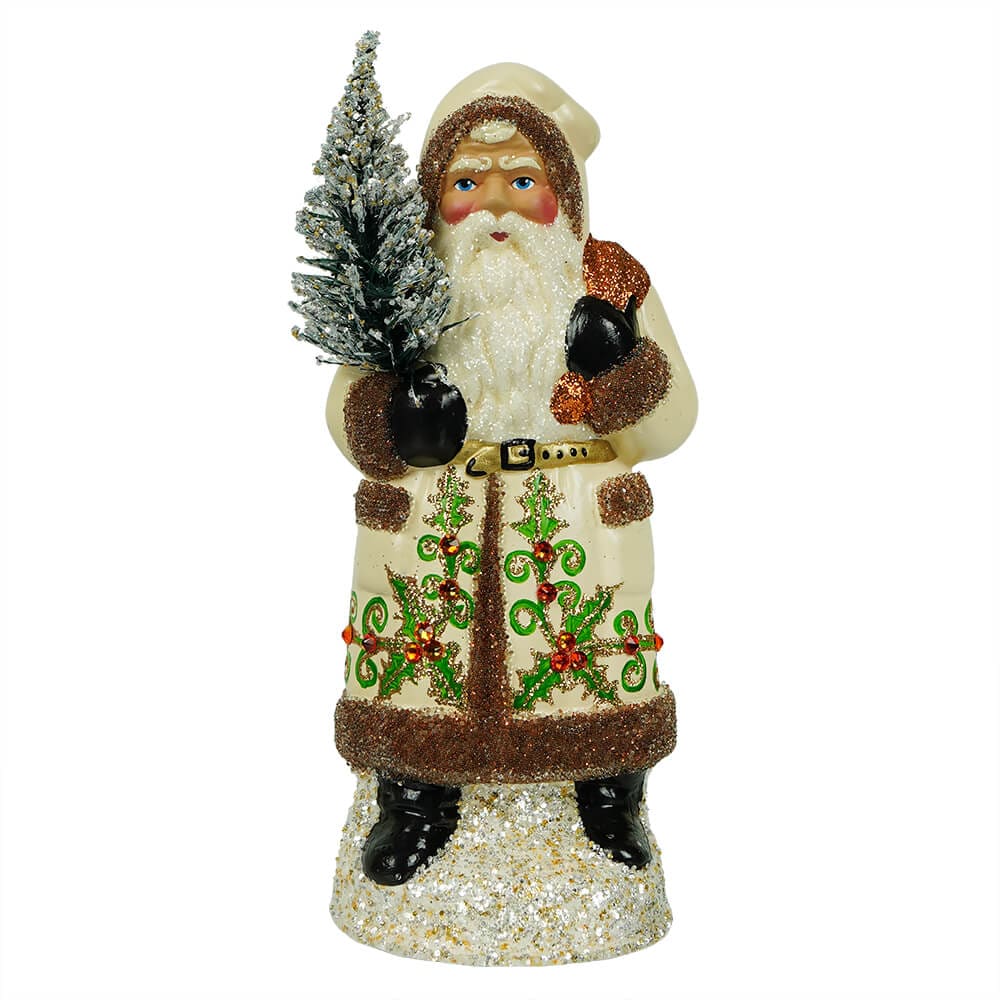 Holly Covered Cream Coat Santa with Tree